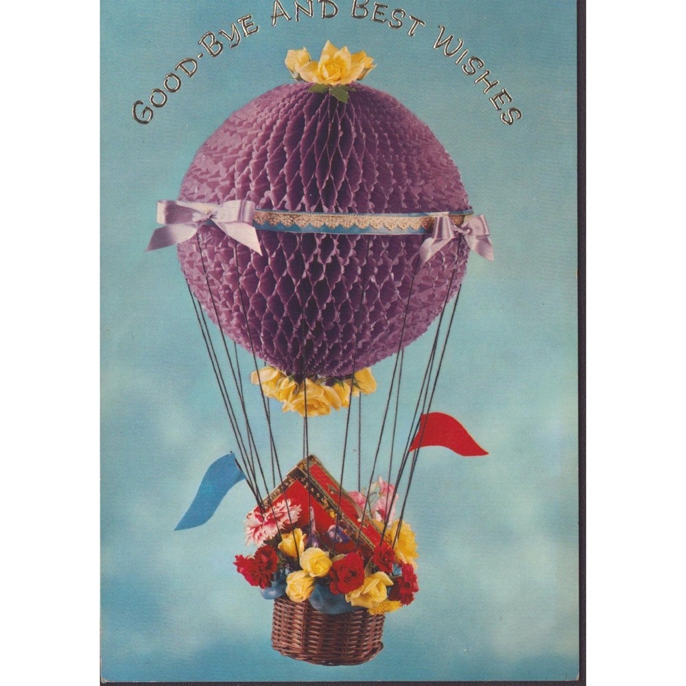 Vintage Buzza Cardozo Honeycomb Hot Air Balloon Good-Bye Card Used